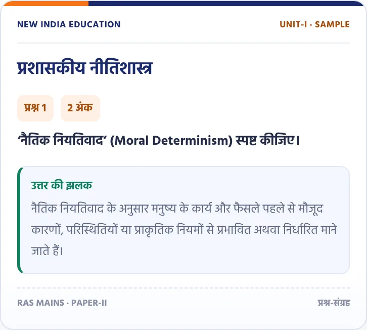 नमूना: Unit-I प्रशासकीय नीतिशास्त्र — नैतिक नियतिवाद पर 2 अंक का प्रश्न और उत्तर